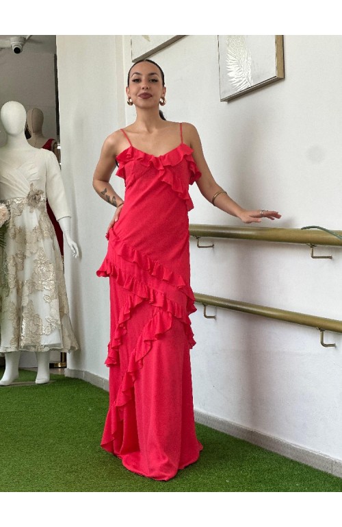 9873 FUCSIA VESTIDO VOLANTES LARGO
